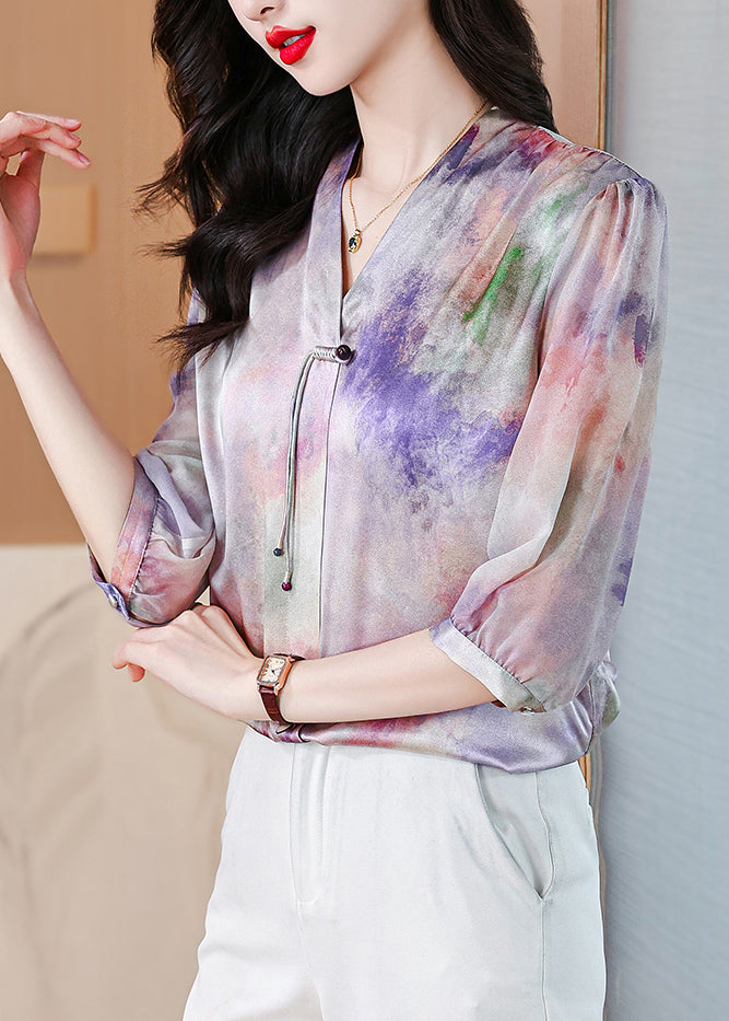 French Purple Button Print Silk Blouse Bracelet Sleeve OP1060 Ada Fashion