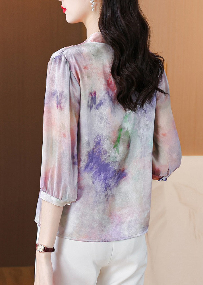 French Purple Button Print Silk Blouse Bracelet Sleeve OP1060 Ada Fashion