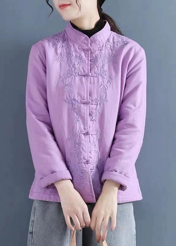 French Purple Embroidered Button Cotton Filled Coat Winter QG039 OM-DJK241016