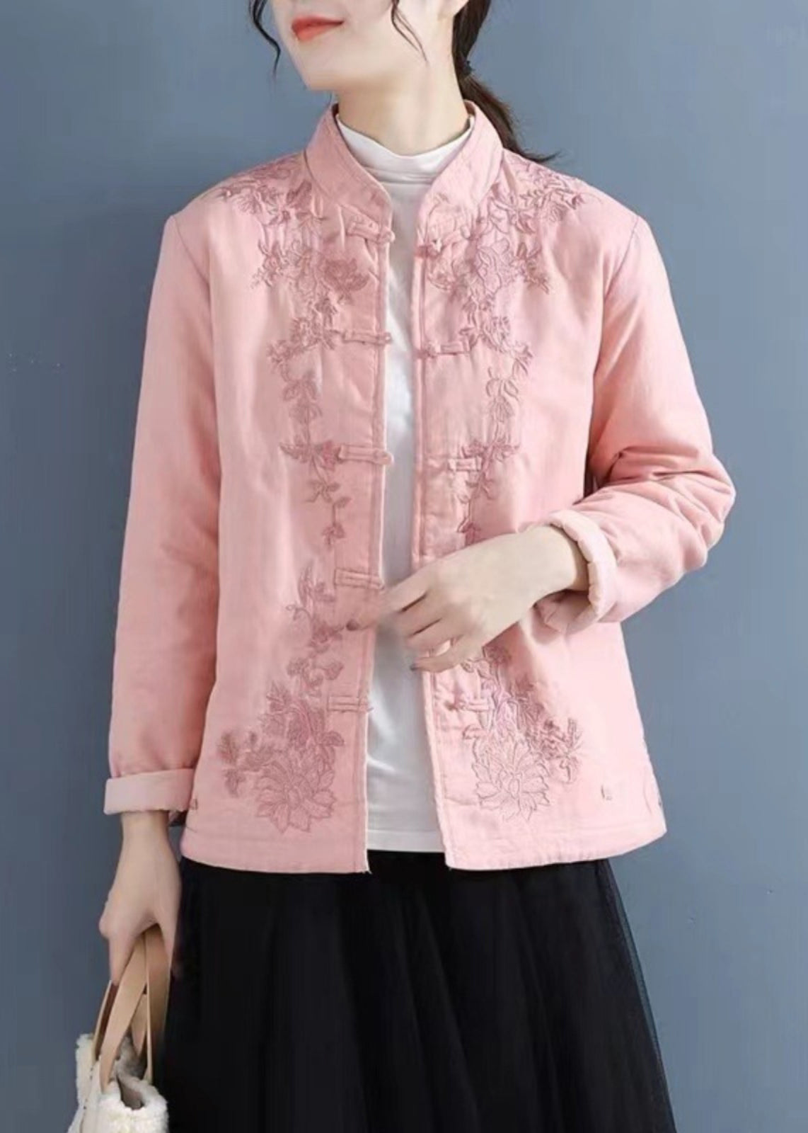 French Purple Embroidered Button Cotton Filled Coat Winter QG039 OM-DJK241016