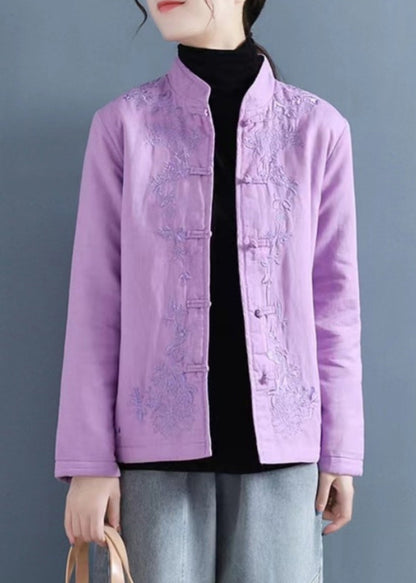 French Purple Embroidered Button Cotton Filled Coat Winter QG039 OM-DJK241016