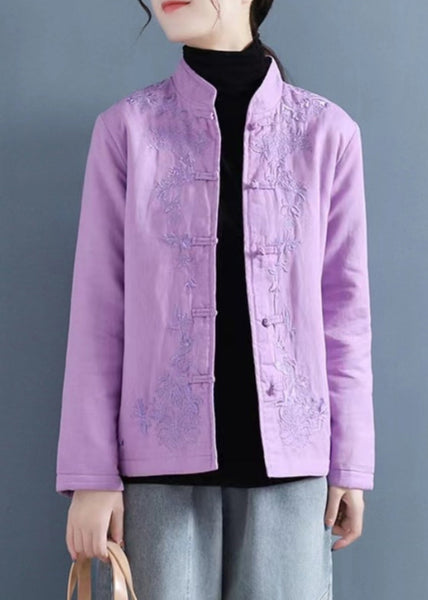 French Purple Embroidered Button Cotton Filled Coat Winter QG039 OM-DJK241016