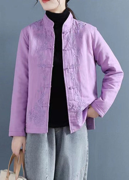 French Purple Embroidered Button Cotton Filled Coat Winter QG039 OM-DJK241016