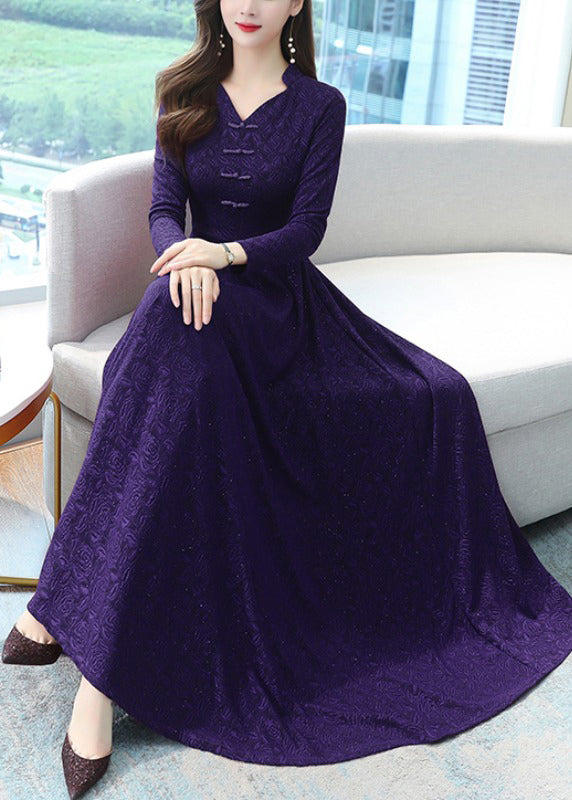 French Purple Jacquard Extra Large Hem Cotton Maxi Dresses Fall OO044 OM-CS240814