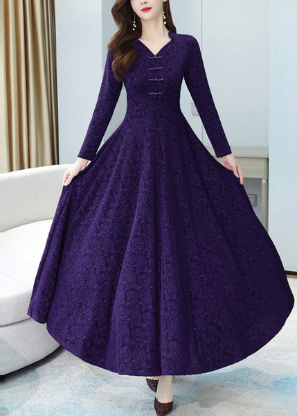 French Purple Jacquard Extra Large Hem Cotton Maxi Dresses Fall OO044 OM-CS240814