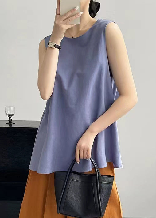 French Purple O Neck Bow Cotton Top Sleeveless KK057 SH-LF-VTP240602