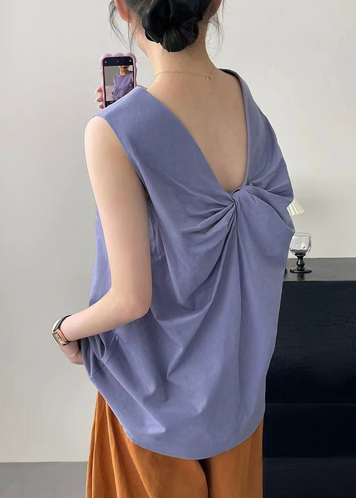 French Purple O Neck Bow Cotton Top Sleeveless KK057 SH-LF-VTP240602