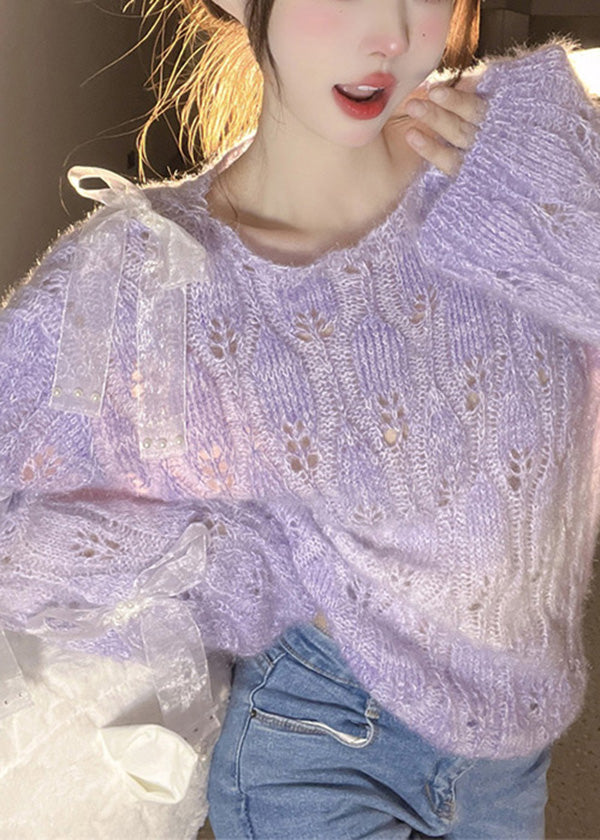 French Purple O Neck Bow Ma Hai Mao Knitted Sweaters Fall RL014 ABC