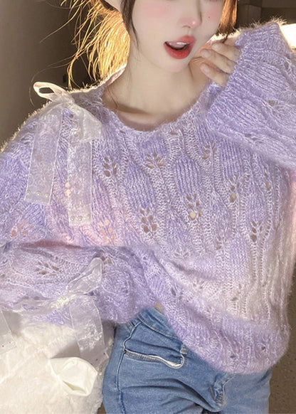 French Purple O Neck Bow Ma Hai Mao Knitted Sweaters Fall RL014 ABC