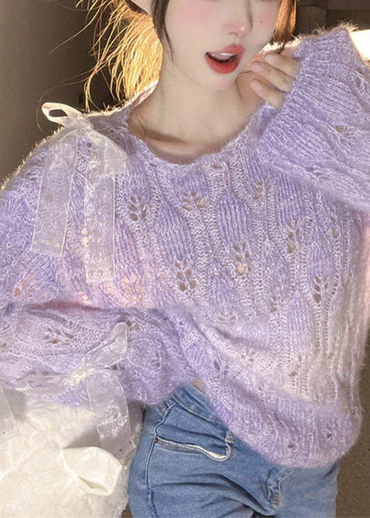 French Purple O Neck Bow Ma Hai Mao Knitted Sweaters Fall RL014 ABC
