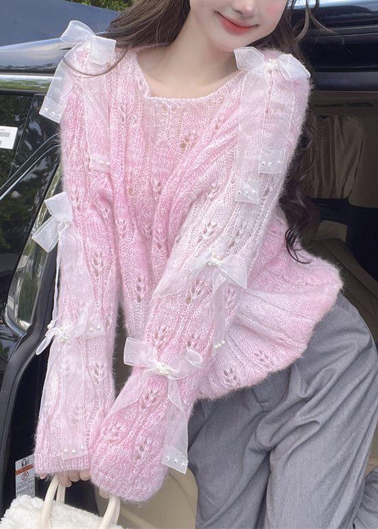 French Purple O Neck Bow Ma Hai Mao Knitted Sweaters Fall RL014 ABC