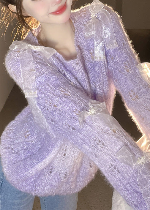 French Purple O Neck Bow Ma Hai Mao Knitted Sweaters Fall RL014 ABC