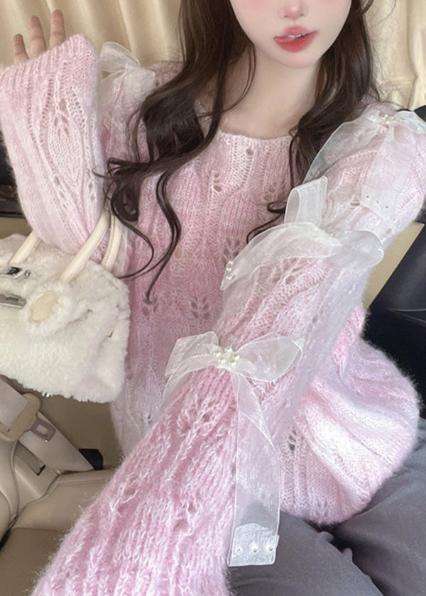 French Purple O Neck Bow Ma Hai Mao Knitted Sweaters Fall RL014 ABC