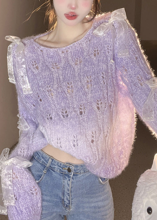 French Purple O Neck Bow Ma Hai Mao Knitted Sweaters Fall RL014 ABC