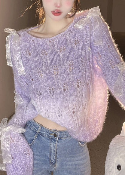 French Purple O Neck Bow Ma Hai Mao Knitted Sweaters Fall RL014 ABC