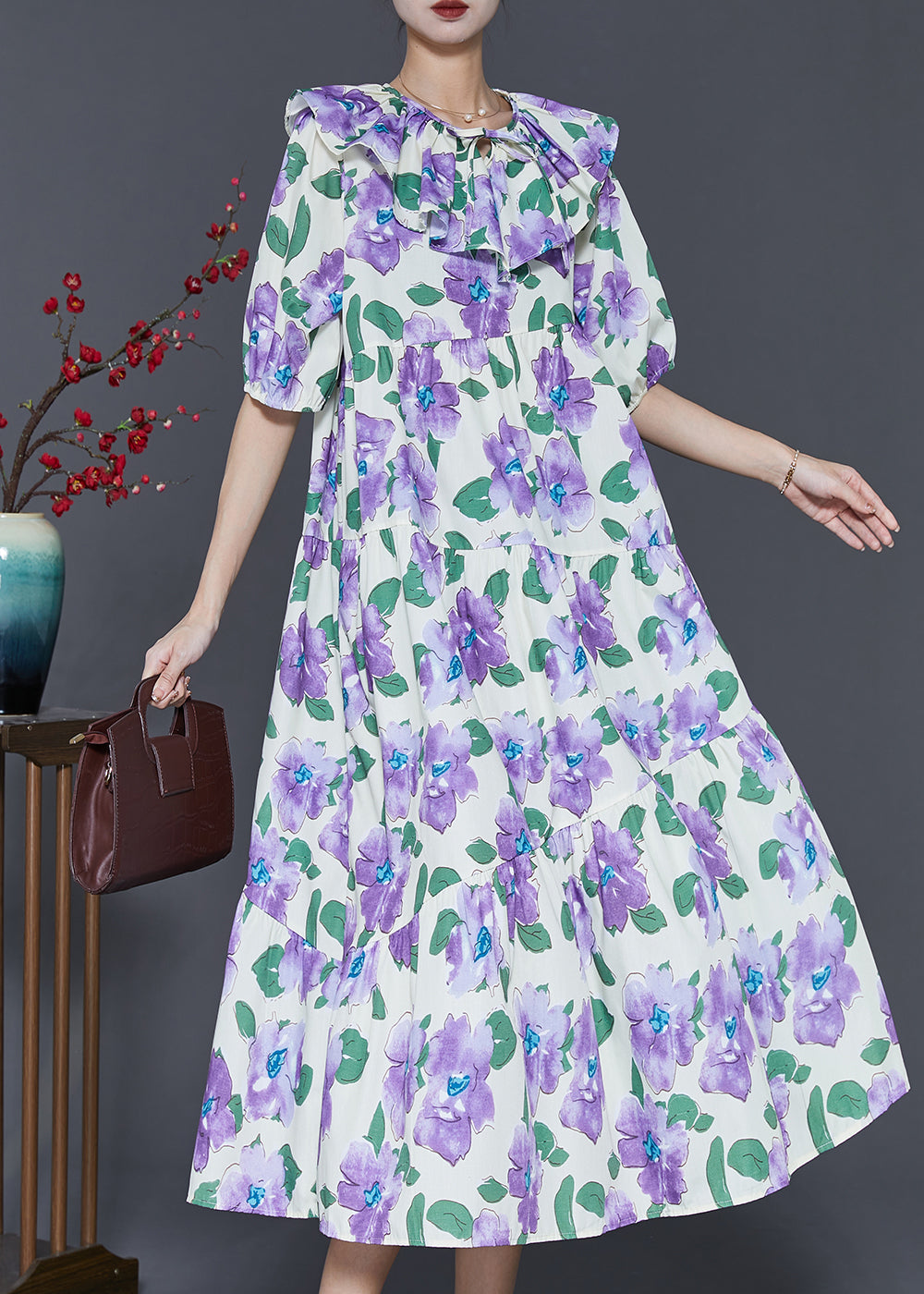 French Purple Peter Pan Collar Floral Cotton Maxi Dresses Summer SD1030 Ada Fashion