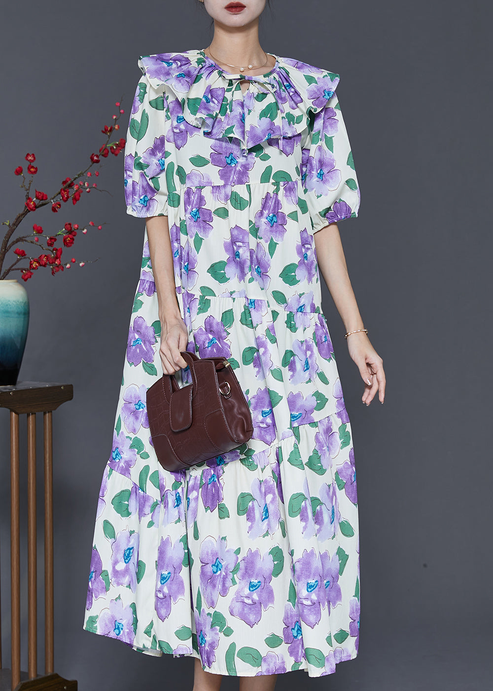 French Purple Peter Pan Collar Floral Cotton Maxi Dresses Summer SD1030 Ada Fashion