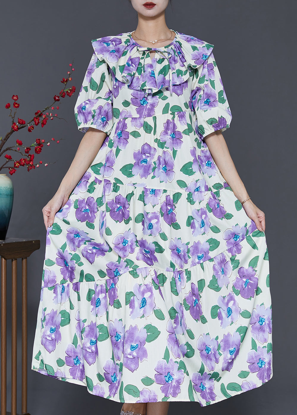 French Purple Peter Pan Collar Floral Cotton Maxi Dresses Summer SD1030 Ada Fashion