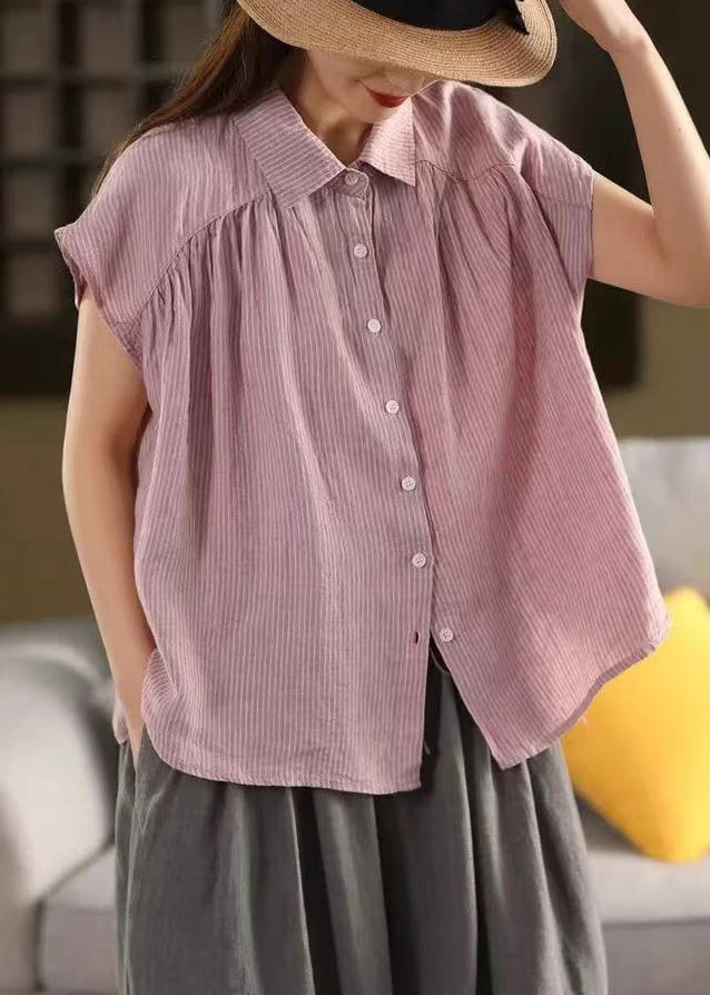 Purple Striped Linen Peter Pan Summer Collar French Blouses FashionChic