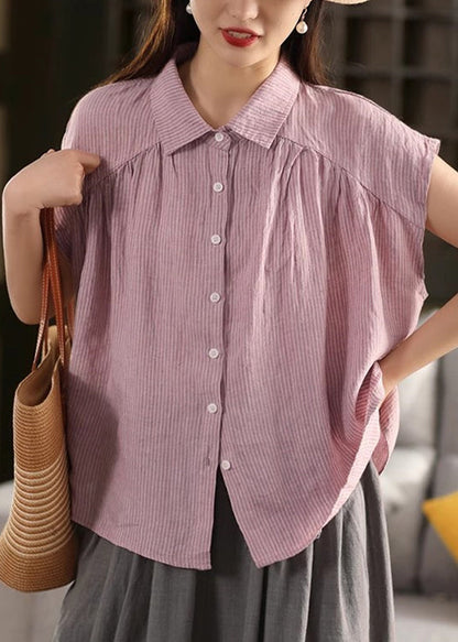 Purple Striped Linen Peter Pan Summer Collar French Blouses FashionChic