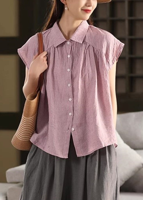 Purple Striped Linen Peter Pan Summer Collar French Blouses FashionChic