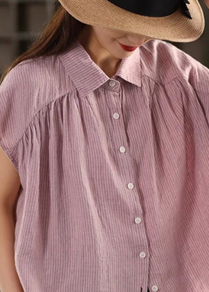 Purple Striped Linen Peter Pan Summer Collar French Blouses FashionChic