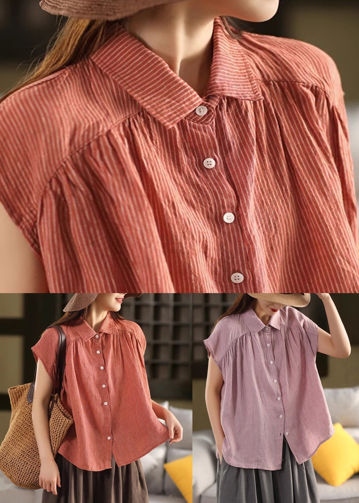 Purple Striped Linen Peter Pan Summer Collar French Blouses FashionChic