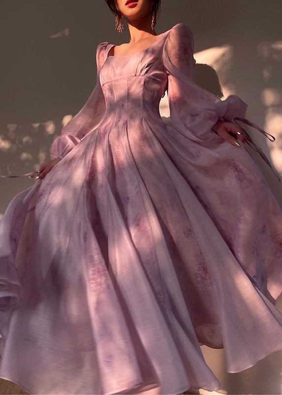 French Purple Square Collar Patchwork Chiffon Dress Lantern Sleeve XX098 SH-LF-FDL240611