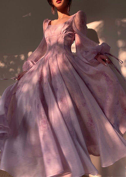 French Purple Square Collar Patchwork Chiffon Dress Lantern Sleeve XX098 SH-LF-FDL240611