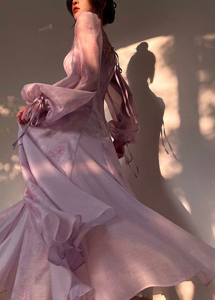 French Purple Square Collar Patchwork Chiffon Dress Lantern Sleeve XX098 SH-LF-FDL240611