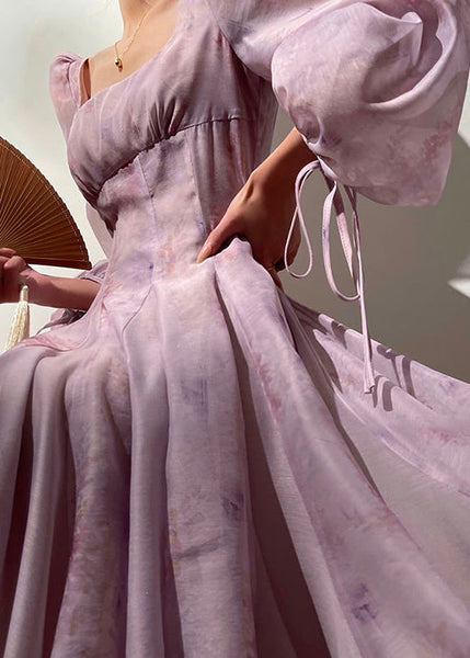 French Purple Square Collar Patchwork Chiffon Dress Lantern Sleeve XX098 SH-LF-FDL240611