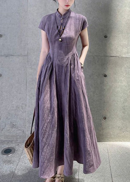 French Purple Stand Collar Pockets Linen Dress Summer QE024 MZF-SDL240927