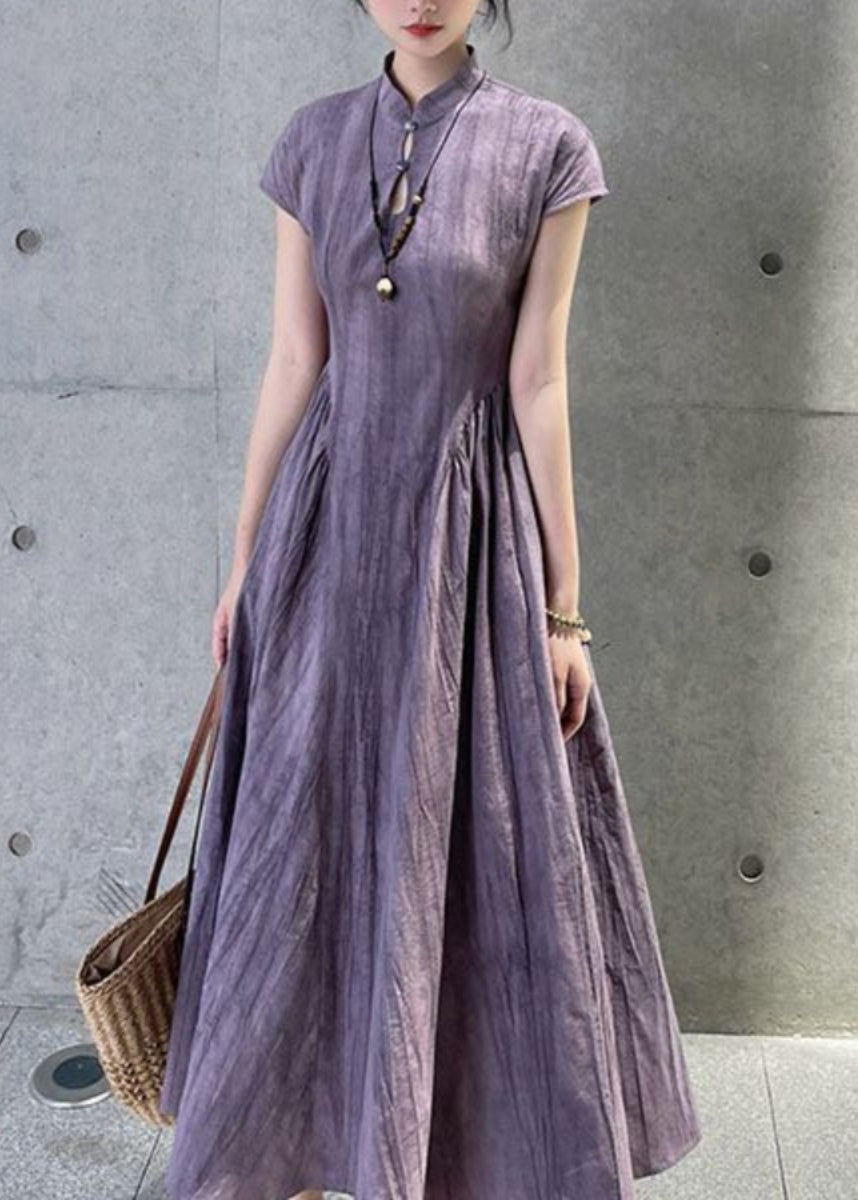 French Purple Stand Collar Pockets Linen Dress Summer QE024 MZF-SDL240927