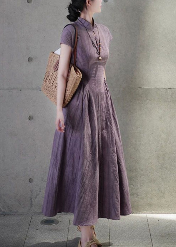 French Purple Stand Collar Pockets Linen Dress Summer QE024 MZF-SDL240927