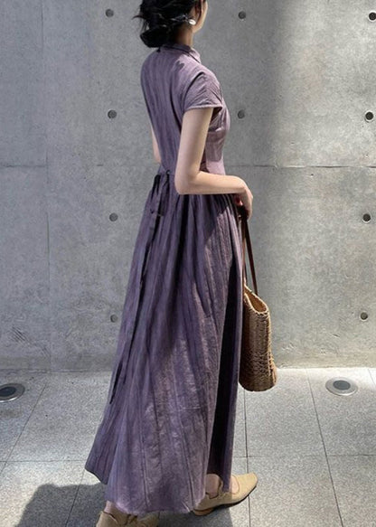 French Purple Stand Collar Pockets Linen Dress Summer QE024 MZF-SDL240927