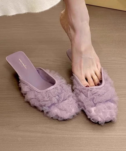 Slide Purple Wrinkled Kitten Tulle Sandals French FashionChic