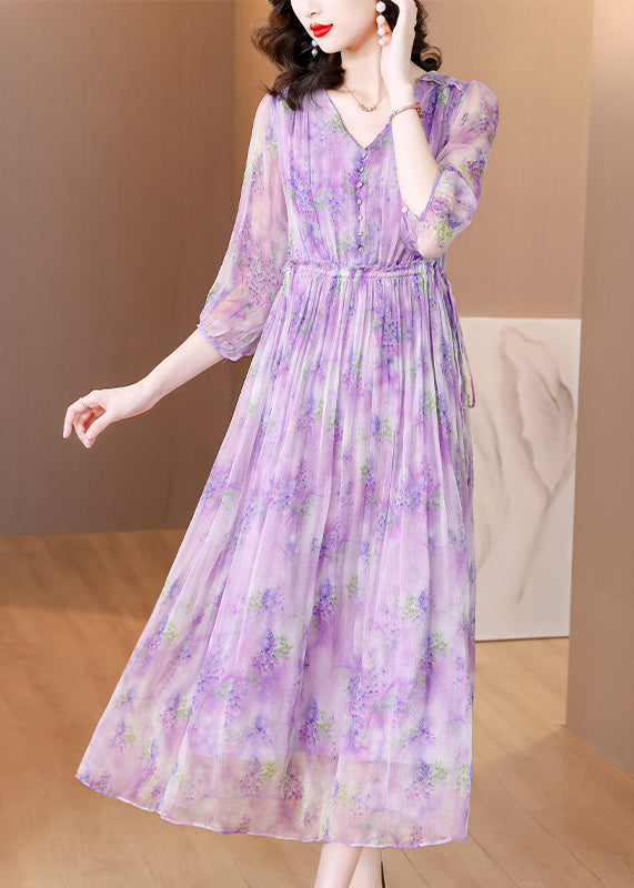 French Purple V Neck Ruffled Print Silk Dresses Summer BB020 Hawaii-SDL240622