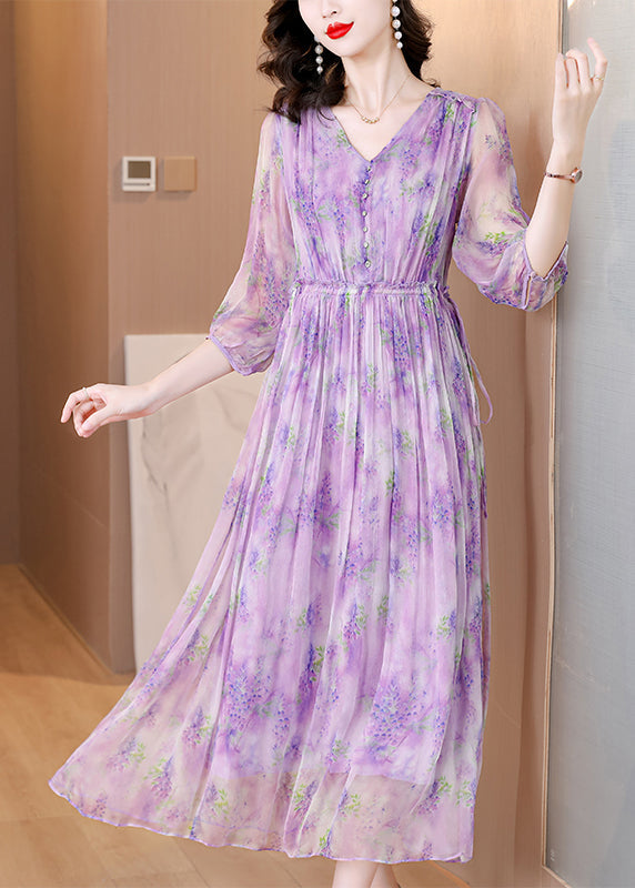 French Purple V Neck Ruffled Print Silk Dresses Summer BB020 Hawaii-SDL240622