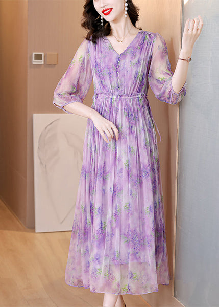 French Purple V Neck Ruffled Print Silk Dresses Summer BB020 Hawaii-SDL240622