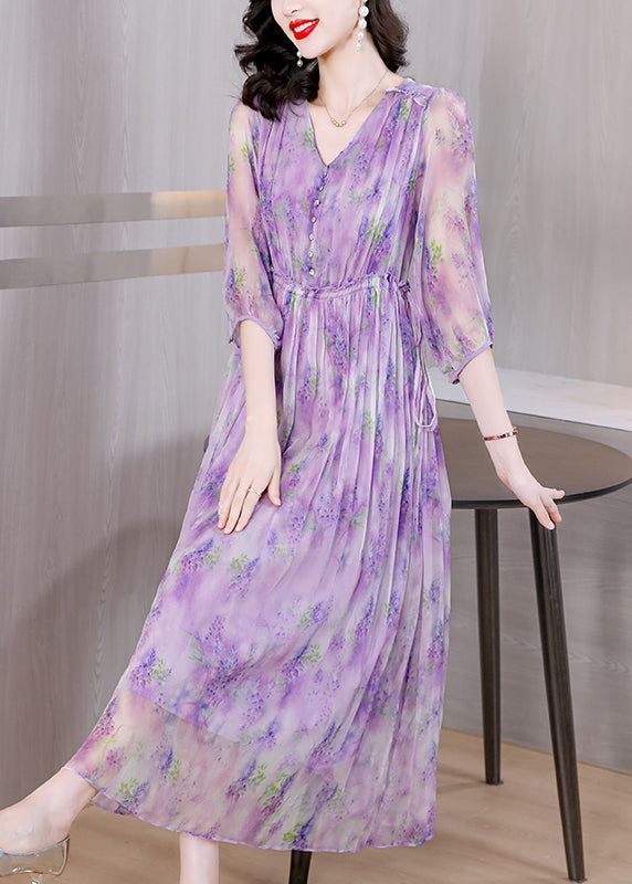 French Purple V Neck Ruffled Print Silk Dresses Summer BB020 Hawaii-SDL240622