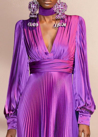 French Purple V Neck Wrinkled High Waist Silk Ankle Dress Fall AM1006 Genistyle Shop