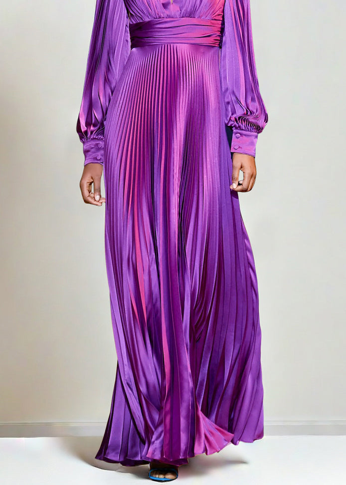 French Purple V Neck Wrinkled High Waist Silk Ankle Dress Fall AM1006 Genistyle Shop