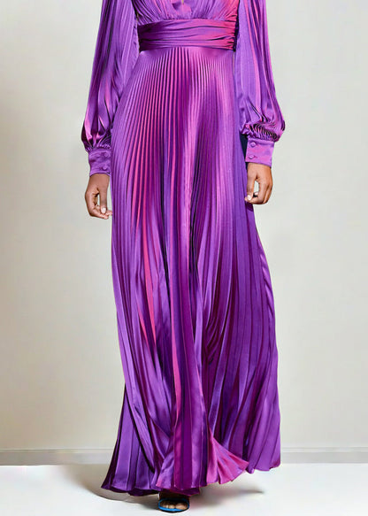 French Purple V Neck Wrinkled High Waist Silk Ankle Dress Fall AM1006 Genistyle Shop