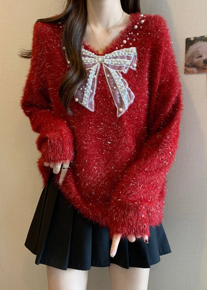 French Red Bow Nail Bead New Year Knit Sweaters Winter RG030 ABC
