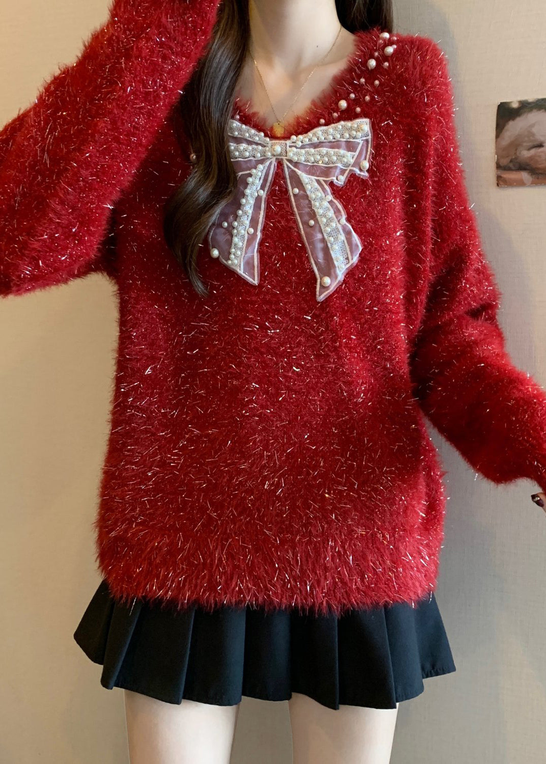 French Red Bow Nail Bead New Year Knit Sweaters Winter RG030 ABC