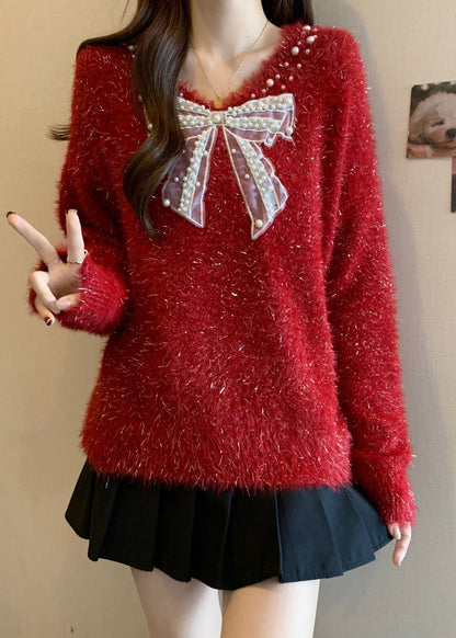 French Red Bow Nail Bead New Year Knit Sweaters Winter RG030 ABC