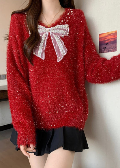 French Red Bow Nail Bead New Year Knit Sweaters Winter RG030 ABC