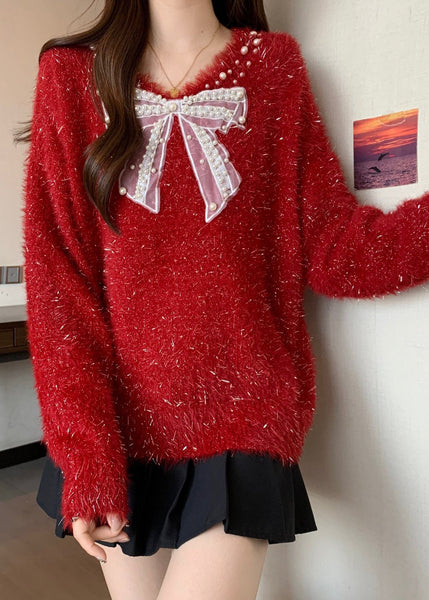 French Red Bow Nail Bead New Year Knit Sweaters Winter RG030 ABC