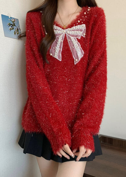French Red Bow Nail Bead New Year Knit Sweaters Winter RG030 ABC