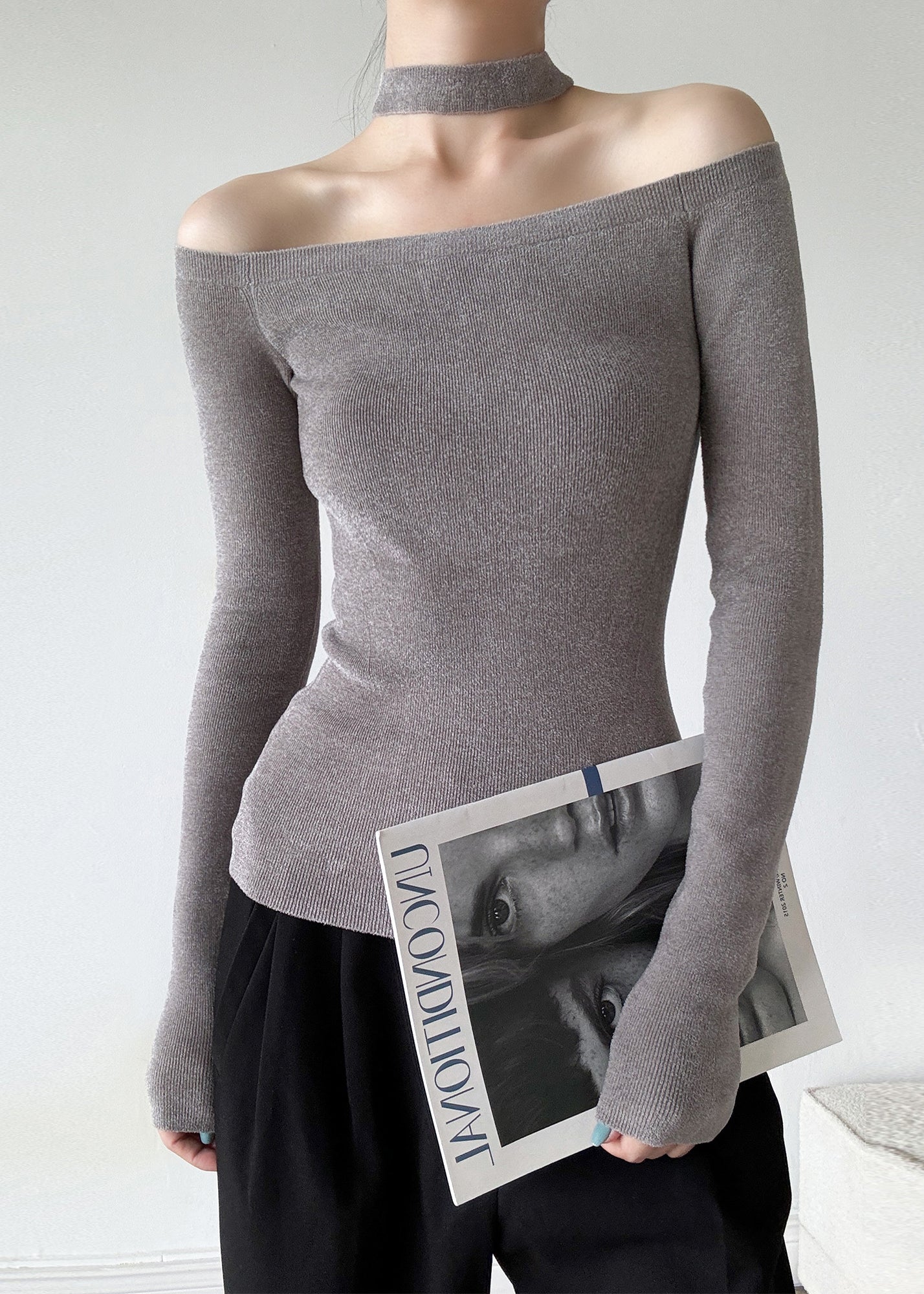 French Red Cold Shoulder Halter Knit Sweaters Spring TY031